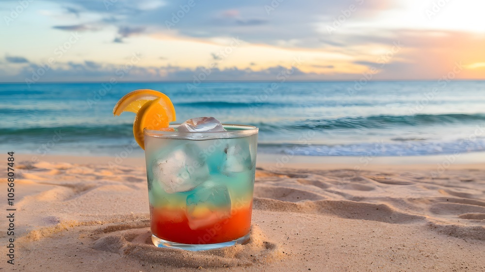 a colorful cocktail with ice cubes and a citrus garnish. a colorful cocktail with ice cubes and a citrus garnish.