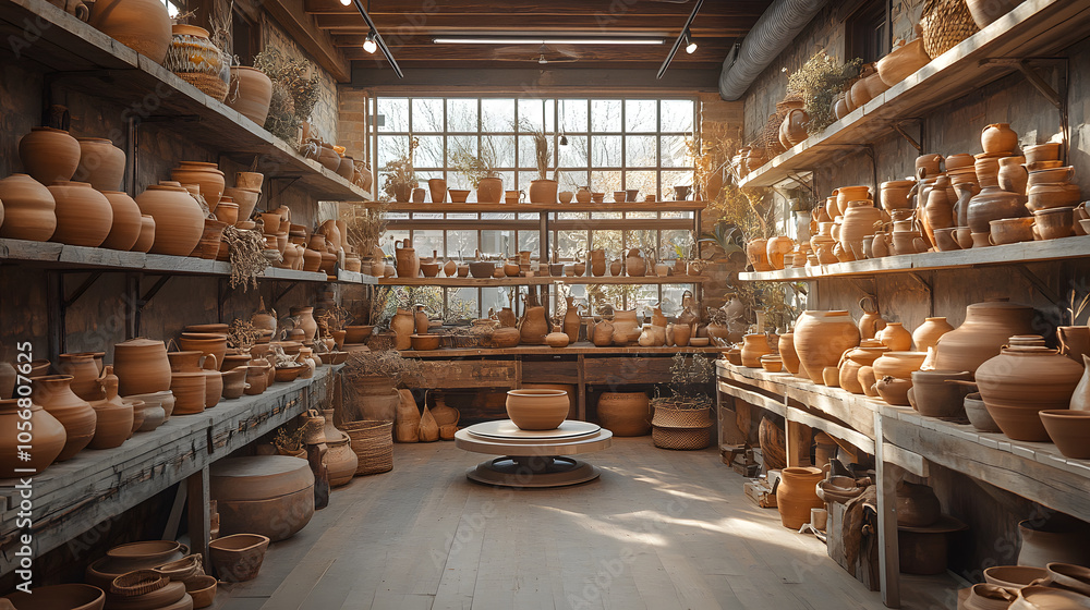 Cozy Pottery Workshop Scene: Artisans Skillfully Shaping Clay on Spinning Wheels Amidst Shelves of Handmade Ceramics
Cozy Pottery Workshop Scene: Artisans Skillfully Shaping Clay on Spinning Wheels Amidst Shelves of Handmade Ceramics