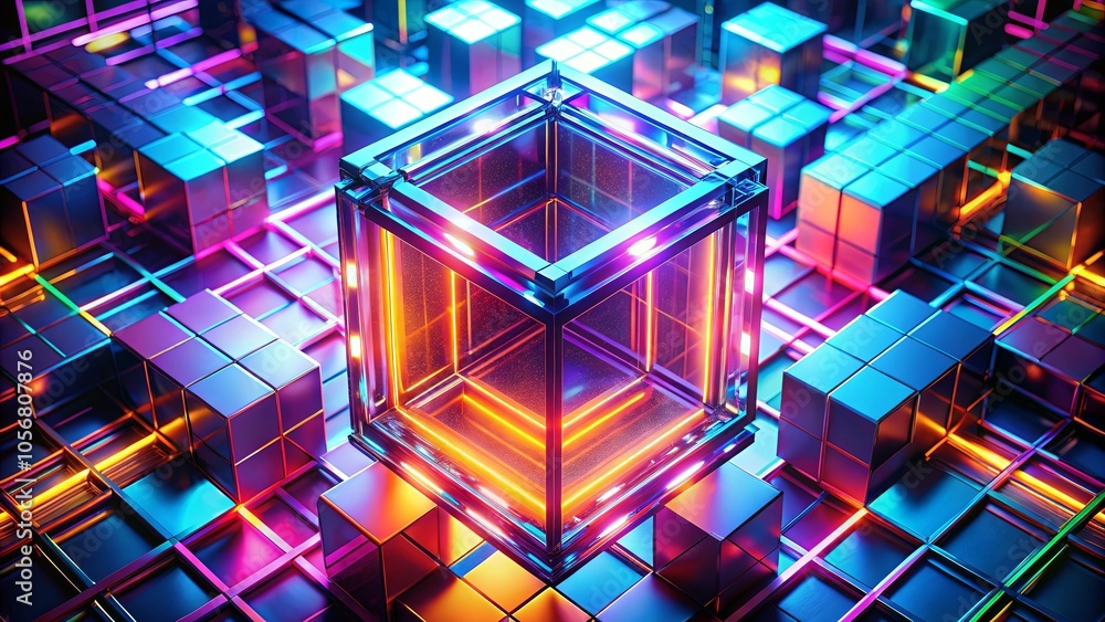 A shimmering transparent cube with glowing edges rests atop a grid of colorful metallic blocks, creating a mesmerizing display of vibrant hues and geometric patterns. A shimmering transparent cube with glowing edges rests atop a grid of colorful metallic blocks, creating a mesmerizing display of vibrant hues and geometric patterns.