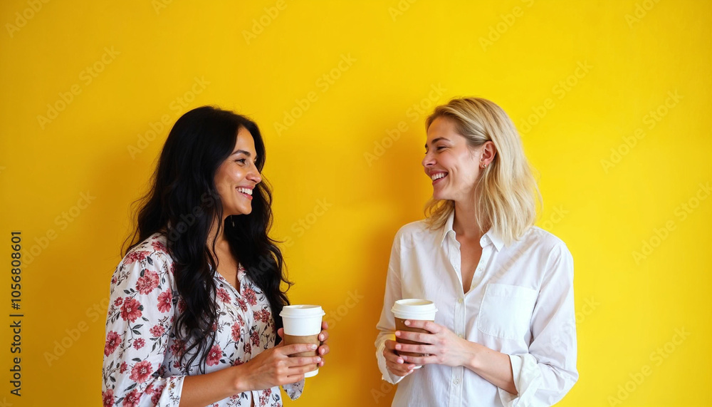 Lady with long black hair in a floral blouse and American female friend with short blonde hair in a white shirt both holding take away coffee cups laughing while standing Lady with long black hair in a floral blouse and American female friend with short blonde hair in a white shirt both holding take away coffee cups laughing while standing