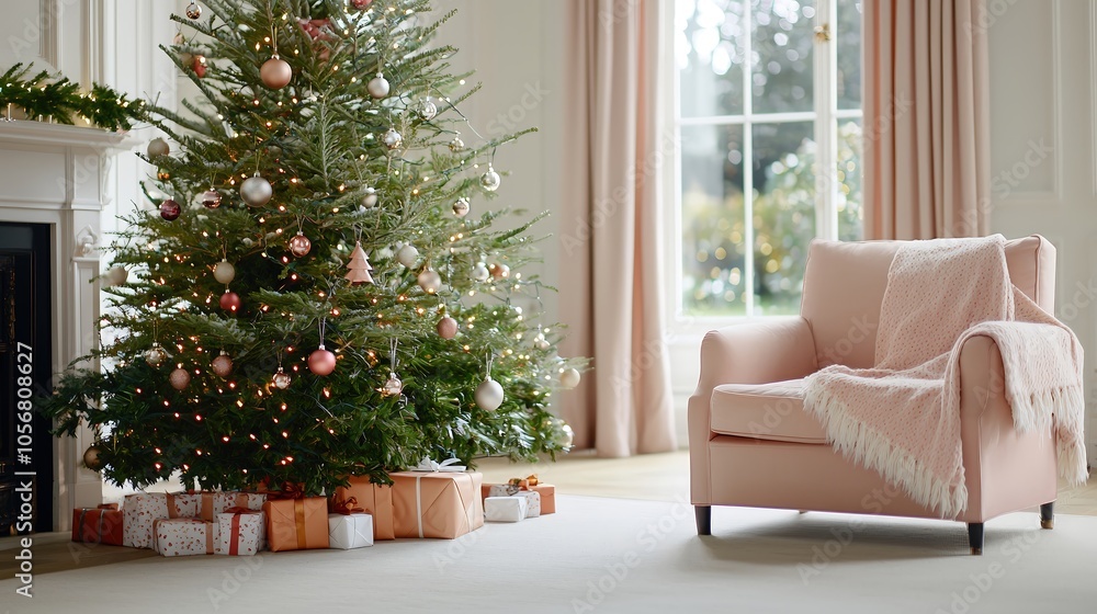 A stylishly decorated living room featuring a large Christmas tree with twinkling lights and ornaments, a cozy armchair nearby with a festive throw blanket. Soft light streaming through the window A stylishly decorated living room featuring a large Christmas tree with twinkling lights and ornaments, a cozy armchair nearby with a festive throw blanket. Soft light streaming through the window