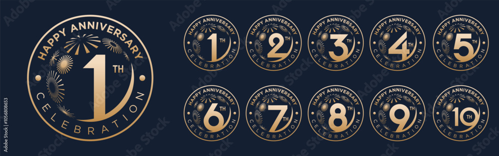 Naklejka premium set of 1 to 10th anniversary logotype design, with golden fireworks for celebration event, wedding, and birthday, vector illustration