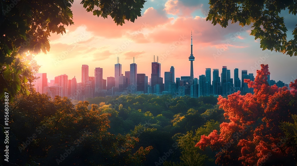 Fototapeta premium City Skyline at Sunset with Fall Foliage and a Tall Tower