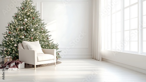 A stylishly decorated living room featuring a large Christmas tree with twinkling lights and ornaments, a cozy armchair nearby with a festive throw blanket. Soft light streaming through the window photo