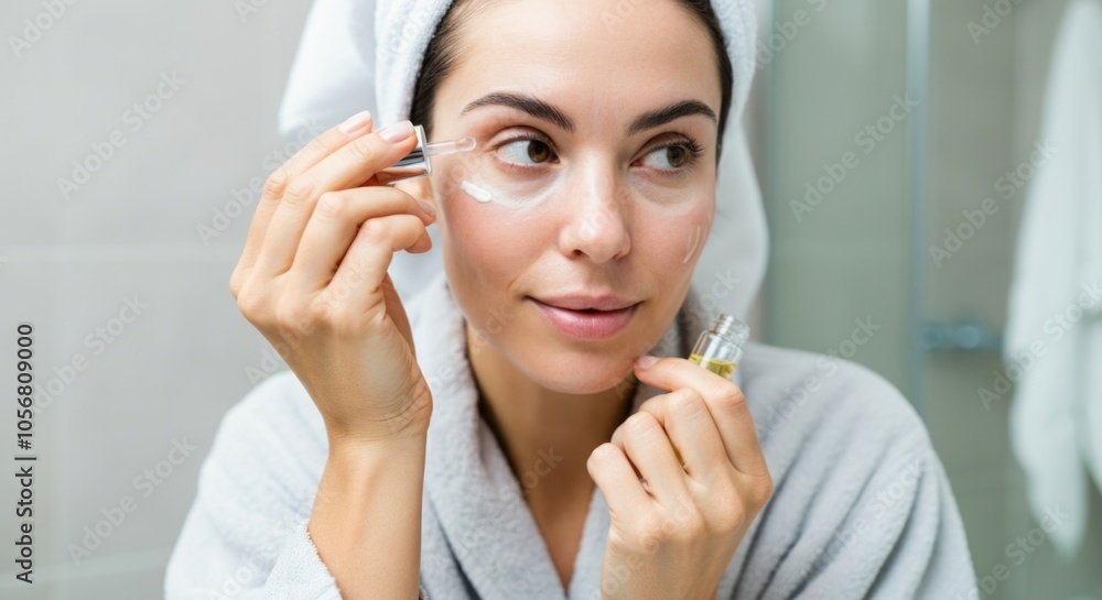 Woman Applying Undereye Serum for Refreshed Look in Bathroom Mirror Woman Applying Undereye Serum for Refreshed Look in Bathroom Mirror