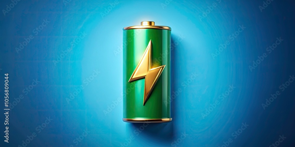 Vibrant 3D Green Battery with Golden Lightning Bolt on Blue Background - Eco-Friendly Energy Technology Concept for Product Photography Vibrant 3D Green Battery with Golden Lightning Bolt on Blue Background - Eco-Friendly Energy Technology Concept for Product Photography