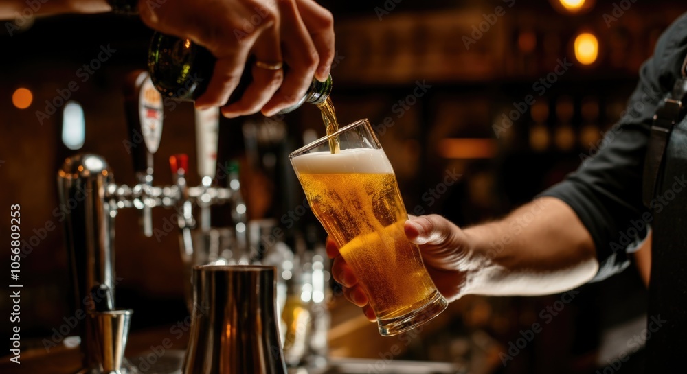Bartender Pouring Cold Beer from Tap into Glass at Pub Bartender Pouring Cold Beer from Tap into Glass at Pub