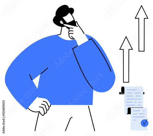 A person with hand on chin and other on waist, thinking. Two documents with a check mark and two upward arrows are beside them. Ideal for business strategy, planning, analysis, growth
