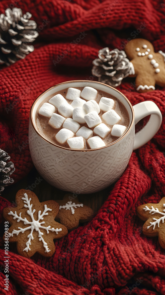 Fototapeta premium A warm cup of hot chocolate topped with marshmallows rests on a knit blanket. Generative AI.