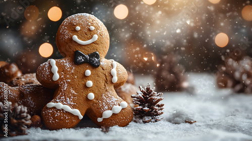 Festively decorated gingerbread cookie man in a snowy winter setting. Generative AI.