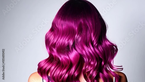 Vibrant magenta waves cascade down a woman's back in this stunning hair video photo