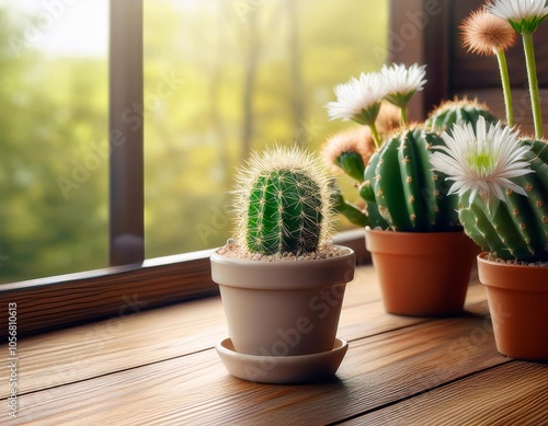 Cactus in pot home gardening indoor plant on window photo