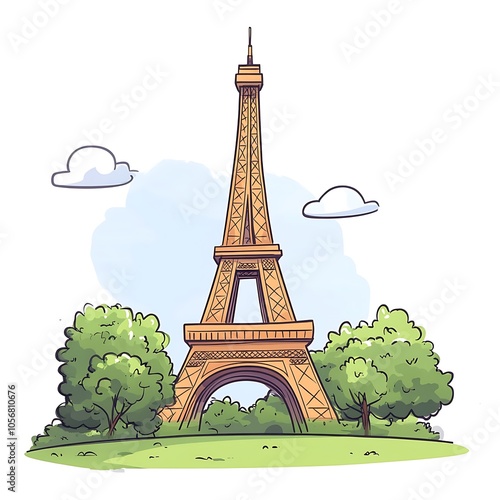 A cartoon Eiffel Tower standing tall on a white background.