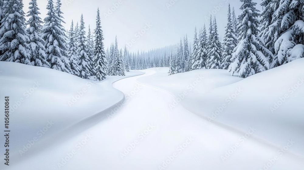 Fototapeta premium Snow-covered road winding through a mountain forest in winter