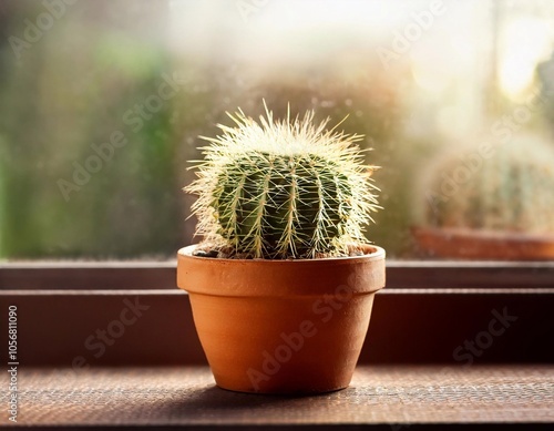 Cactus in pot home gardening indoor plant on window photo