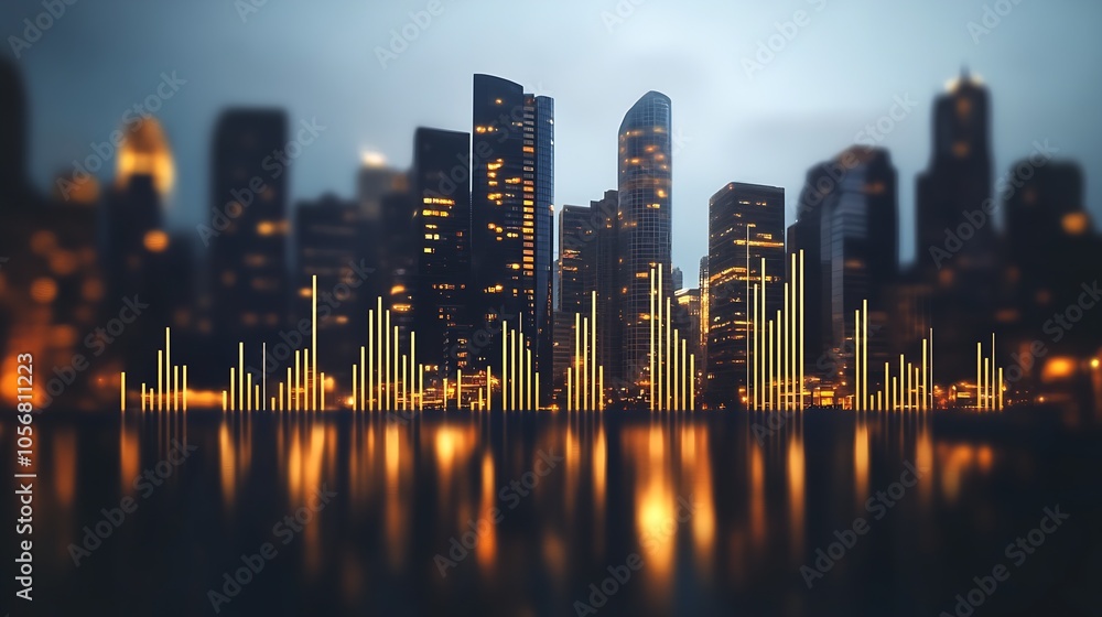 Fototapeta premium Skyline with Digital Sound Wave Light Effect at Night in Modern Urban Cityscape : Generative AI