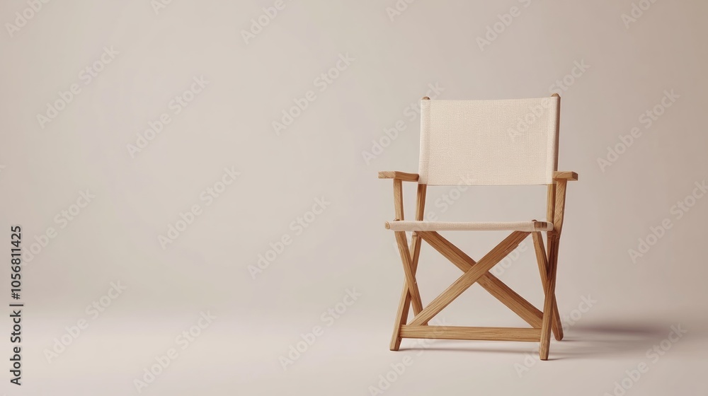 A single wooden director's chair with a white canvas seat and back, standing on a white background. A single wooden director's chair with a white canvas seat and back, standing on a white background.