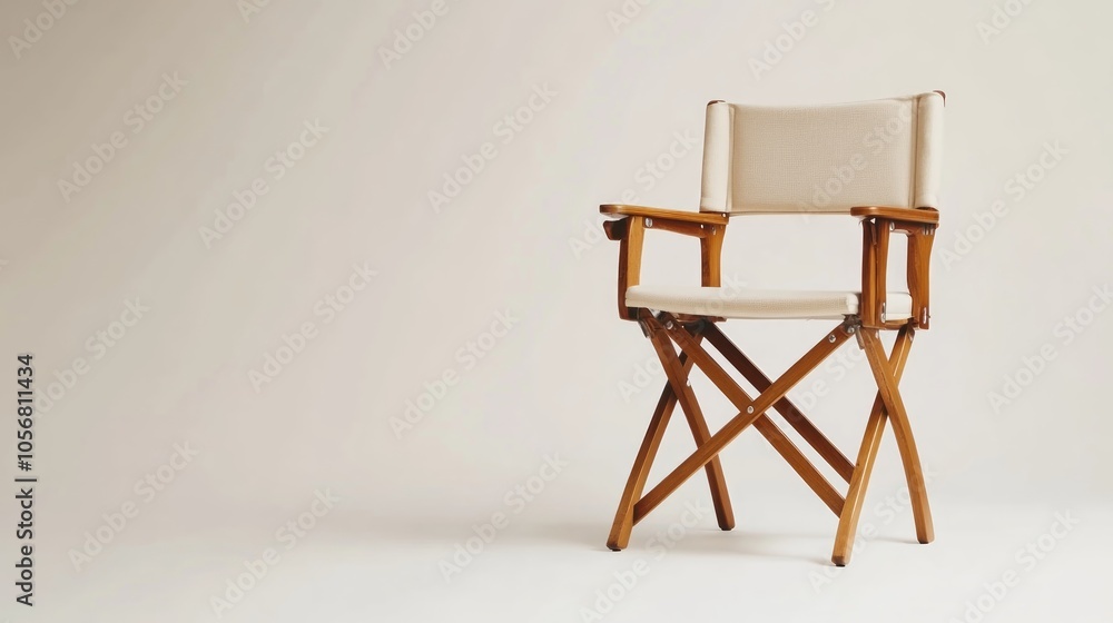 A single, wooden, white canvas folding director's chair against a white backdrop. A single, wooden, white canvas folding director's chair against a white backdrop.