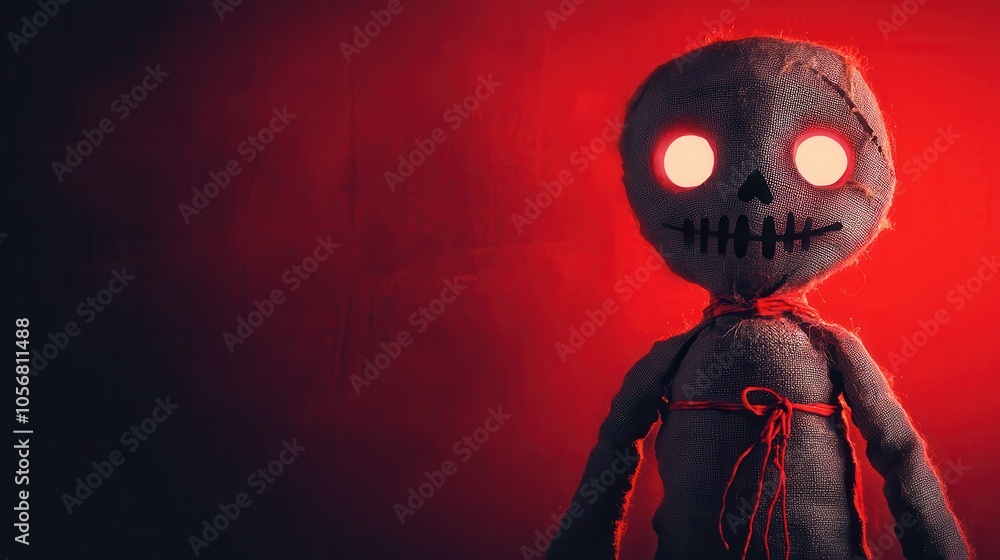 A creepy, handmade doll with glowing eyes stands against a dark red background, evoking a mysterious and unsettling atmosphere. A creepy, handmade doll with glowing eyes stands against a dark red background, evoking a mysterious and unsettling atmosphere.