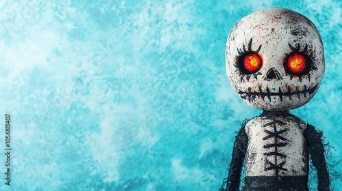 A spooky doll with a skull head and glowing red eyes stands against a textured blue background, evoking a sense of eerie charm. photo