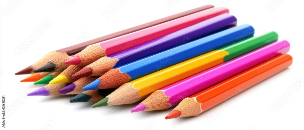 Fototapeta premium Assorted colorful pencils and paintbrushes on white, creative layout, art and creativity supplies theme