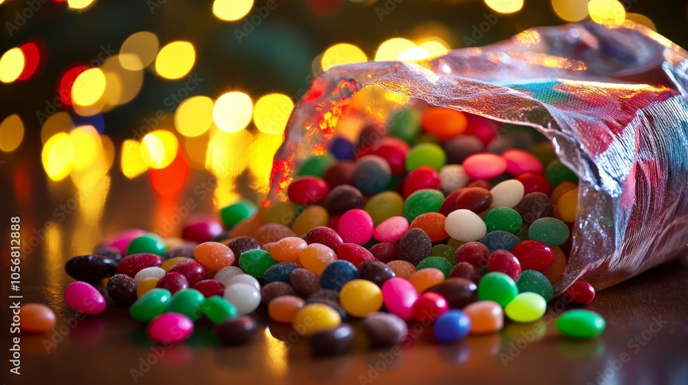 Festive Christmas Candy Spilling from Gift Bag with Glowing Holiday Lights Background, Joyful Atmosphere Celebration Festive Christmas Candy Spilling from Gift Bag with Glowing Holiday Lights Background, Joyful Atmosphere Celebration