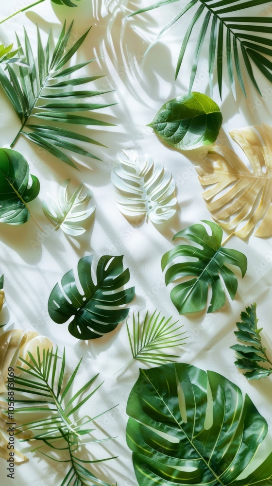 A collection of various tropical green leaves arranged on a white background with natural sunlight casting shadows. A collection of various tropical green leaves arranged on a white background with natural sunlight casting shadows.