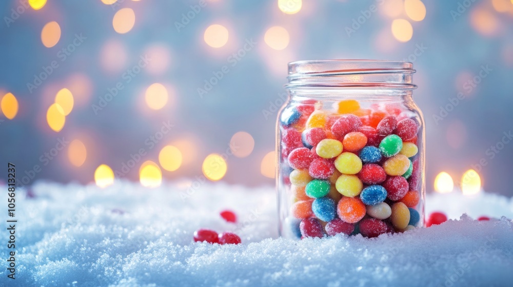 Festive Holiday Candy Jar in Winter Wonderland Setting with Glowing Lights Festive Holiday Candy Jar in Winter Wonderland Setting with Glowing Lights