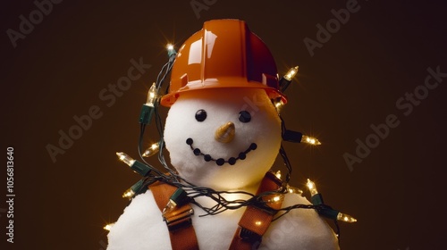 Snowman Factory Worker - Festive Decoration with Hard Hat and Christmas Lights