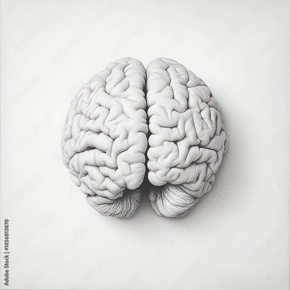 Naklejka premium A realistic depiction of a human brain with distinct hemispheres and folds on a white background.