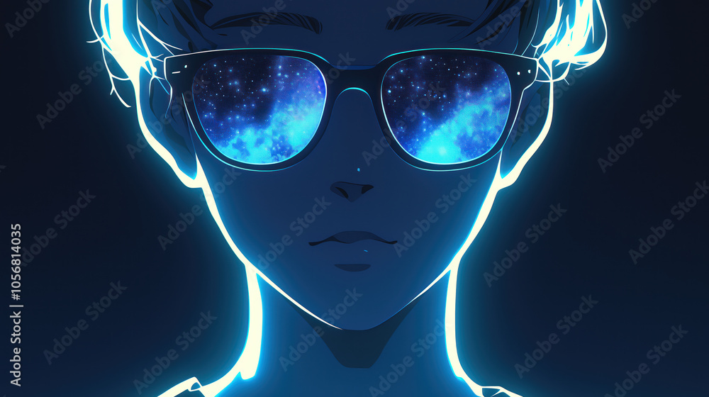 Anime male glowing silhouette wearing glasses reflecting starry galaxy on black background Anime male glowing silhouette wearing glasses reflecting starry galaxy on black background