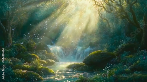 Sunbeams illuminate a magical forest stream flowing over rocks and under a canopy of trees.