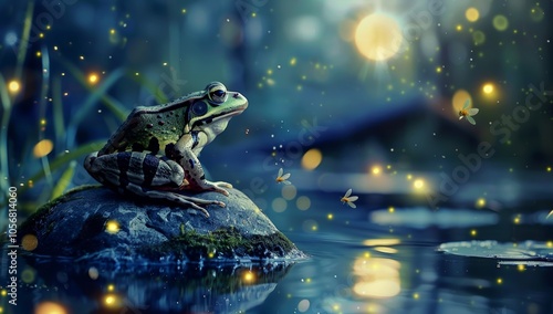 Cute frog sitting on a rock in a pond, with a night sky moon stars background. glowing light particles. The scene has a fantasy style, soft, bokeh-like effect. Fairytale children s book theme photo