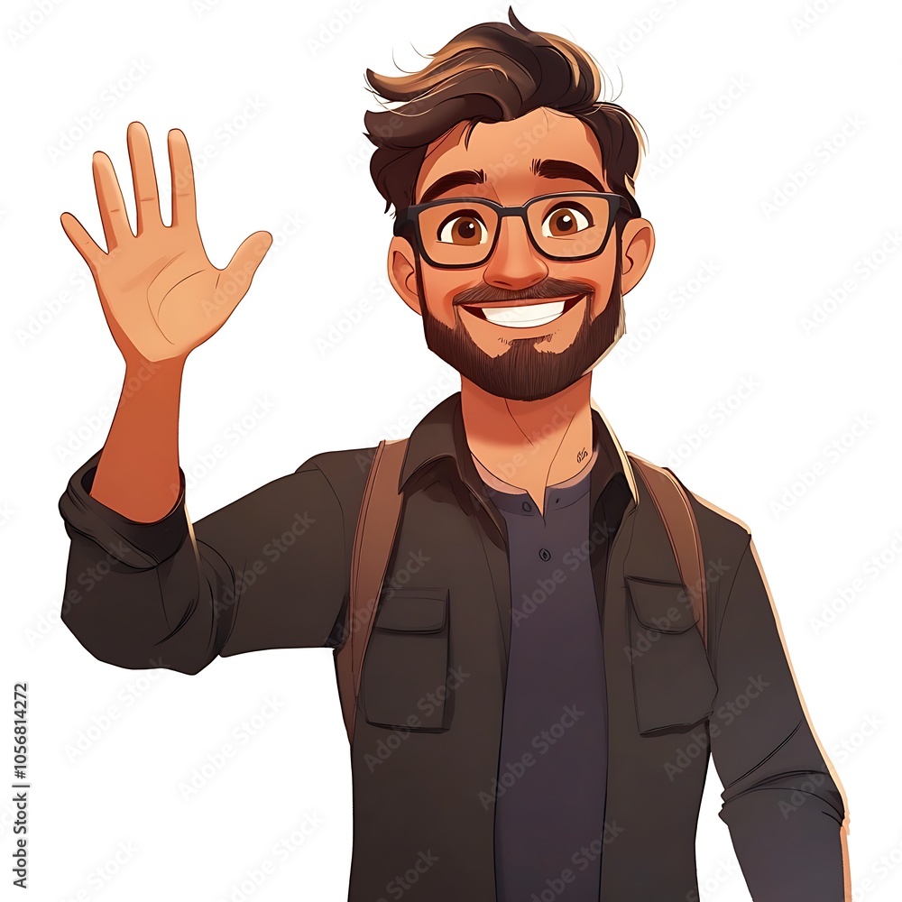 Cartoon employee smiling and waving hello with a friendly expression on a white background. Cartoon employee smiling and waving hello with a friendly expression on a white background.