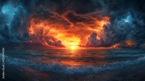 Dramatic Sunset Over the Ocean with Stormy Clouds