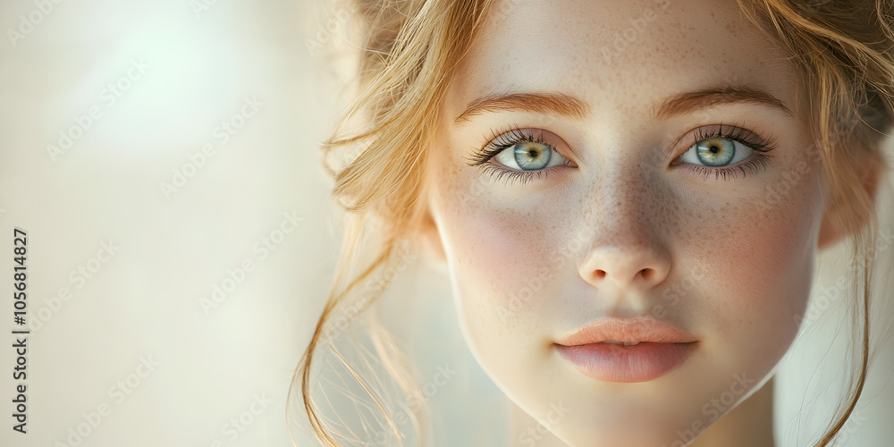 Radiant Beauty Portrait: Captivating close-up of a young woman with stunning green eyes and light brown hair, exuding natural beauty and confidence. Radiant Beauty Portrait: Captivating close-up of a young woman with stunning green eyes and light brown hair, exuding natural beauty and confidence.