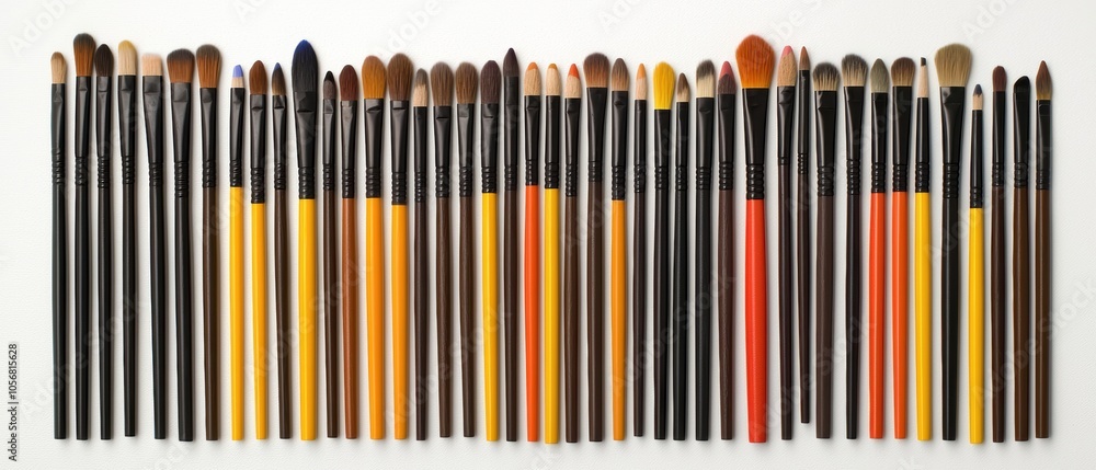 Colorful art tools, pencils and brushes on white background, creative supplies for art and design projects Colorful art tools, pencils and brushes on white background, creative supplies for art and design projects