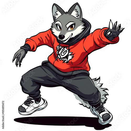 Cartoon wolf breakdancing in street style clothes on a white background.