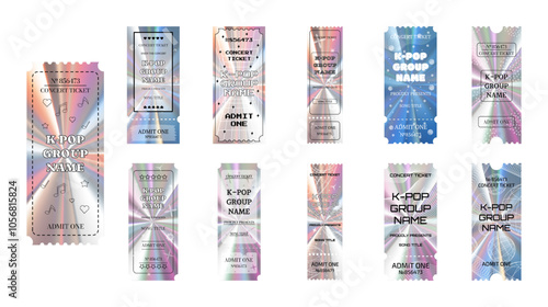 Set of holographic tickets for a K-pop group music concert. Vector illustration isolated on white background