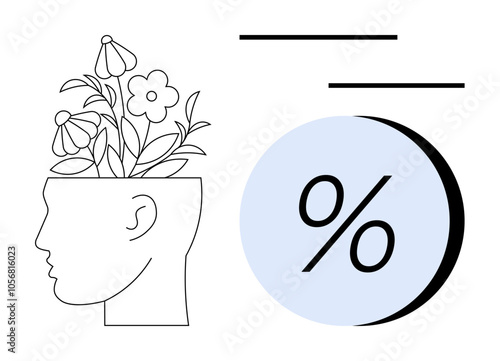 Human head side profile with blooming flowers inside, large percentage sign beside and two horizontal lines above. Ideal for mental health, growth, creativity, education, progress, nature