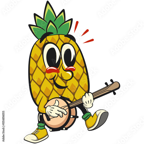 Cute and happy fun pineapple isolated vector cartoon mascot character playing the banjo musical instrument, work of hand drawn