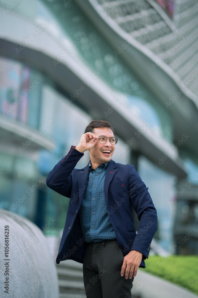 Fototapeta premium person, business, businessman, adult, man, male, happy, lifestyle, portrait, success, confident, professional, handsome, cheerful, corporate, city, young, caucasian, manager, one, smile, suit, backgro