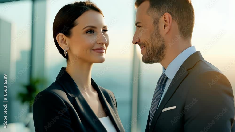Professional colleagues sharing a moment in a modern office setting with a smile and a hint of camaraderie, 4k video Professional colleagues sharing a moment in a modern office setting with a smile and a hint of camaraderie, 4k video