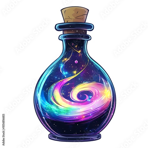 A cartoon potion bottle with a skull and crossbones label, filled with a mysterious purple liquid on a white background.