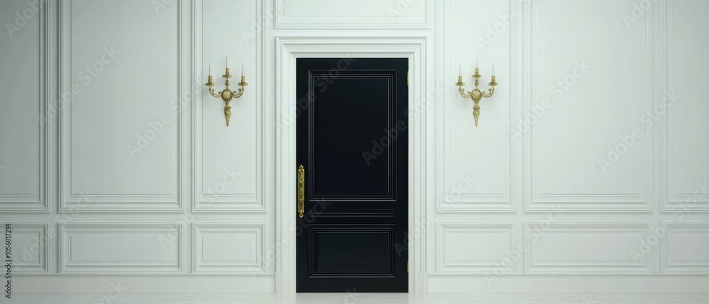 Elegant black door with brass handle, flanked by classic wall sconces, luxury interior design, white paneled walls Elegant black door with brass handle, flanked by classic wall sconces, luxury interior design, white paneled walls