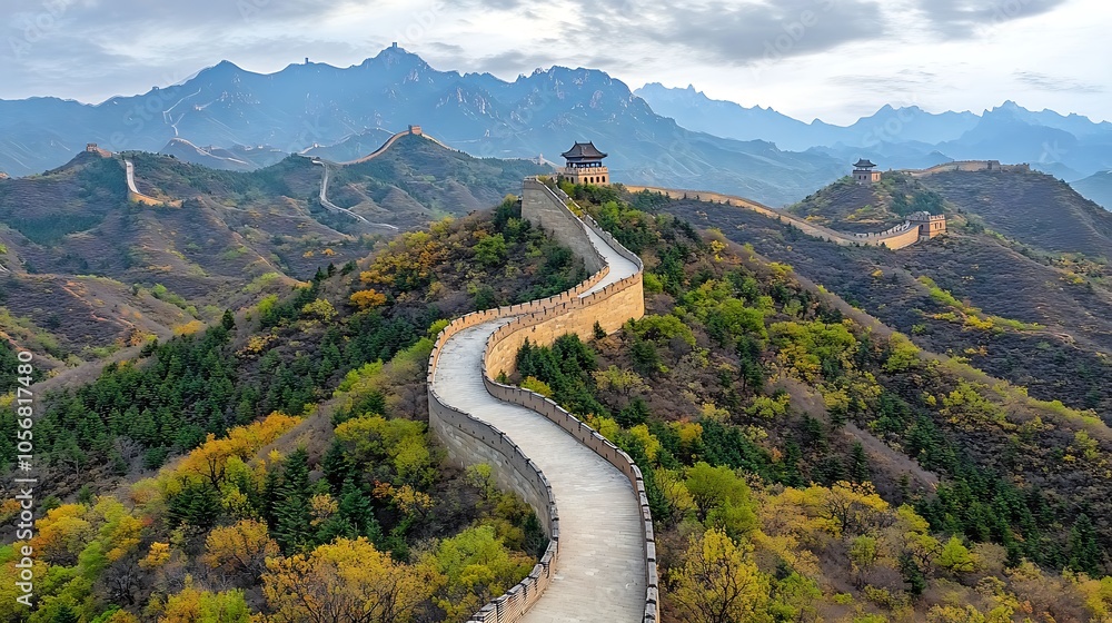 Aerial perspective of the winding path of the Great Wall of China as it meanders through rolling hills and valleys covered in fresh spring foliage. Aerial perspective of the winding path of the Great Wall of China as it meanders through rolling hills and valleys covered in fresh spring foliage.