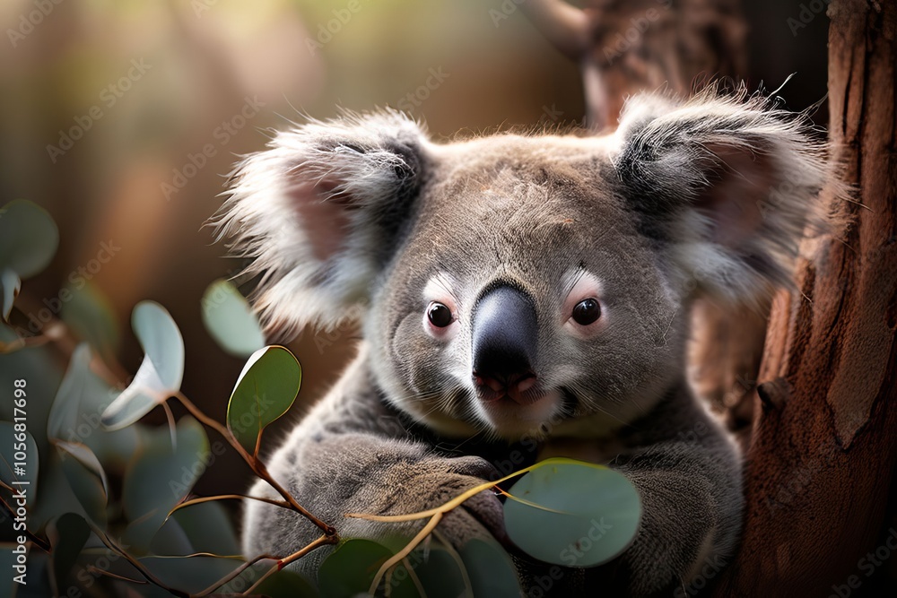 Obraz premium a koala hugging a eucalyptus tree branch looking content and sl