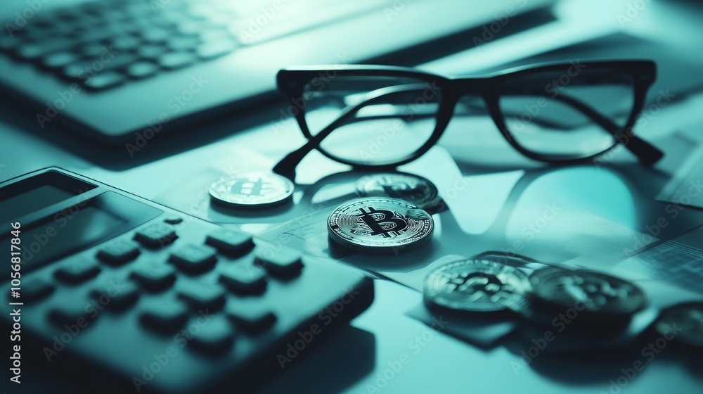 Close up of bitcoin coins, calculator and glasses on a desk. Close up of bitcoin coins, calculator and glasses on a desk.