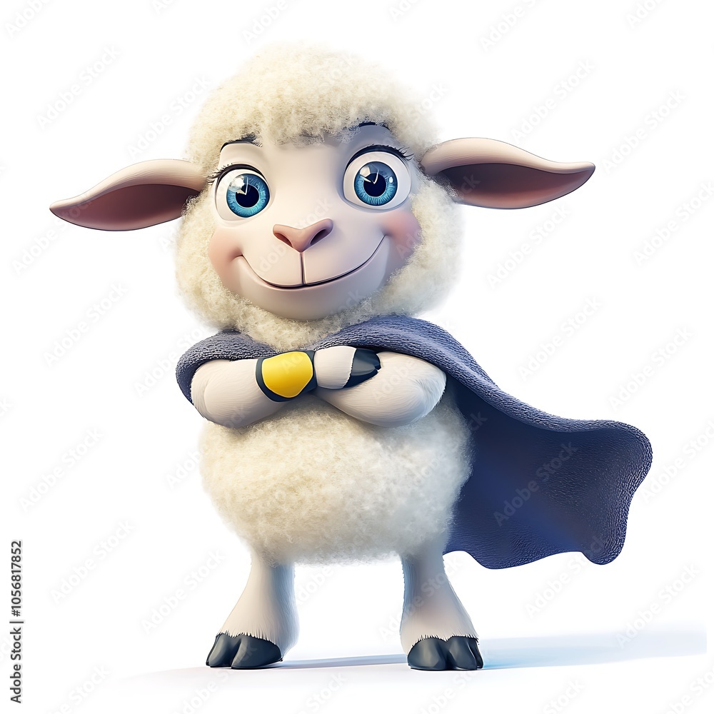 A cartoon sheep superhero with a fluffy cape, posing proudly with a heroic expression on a white background. A cartoon sheep superhero with a fluffy cape, posing proudly with a heroic expression on a white background.
