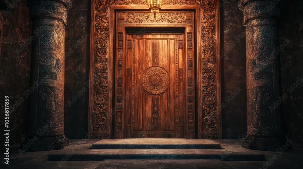 An ornate wooden door with intricate carvings and a circular design, flanked by two stone pillars, illuminated by a warm light, leading into a mysterious interior. An ornate wooden door with intricate carvings and a circular design, flanked by two stone pillars, illuminated by a warm light, leading into a mysterious interior.